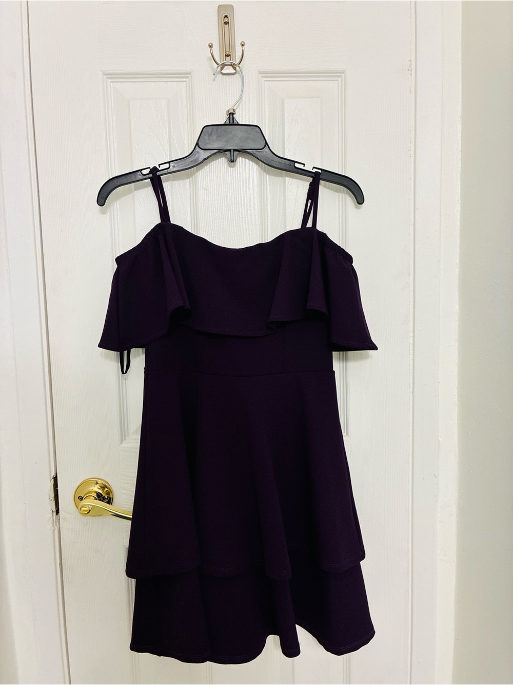 B Darlin Plum Off-Shoulder Ruffle Camisole Dress